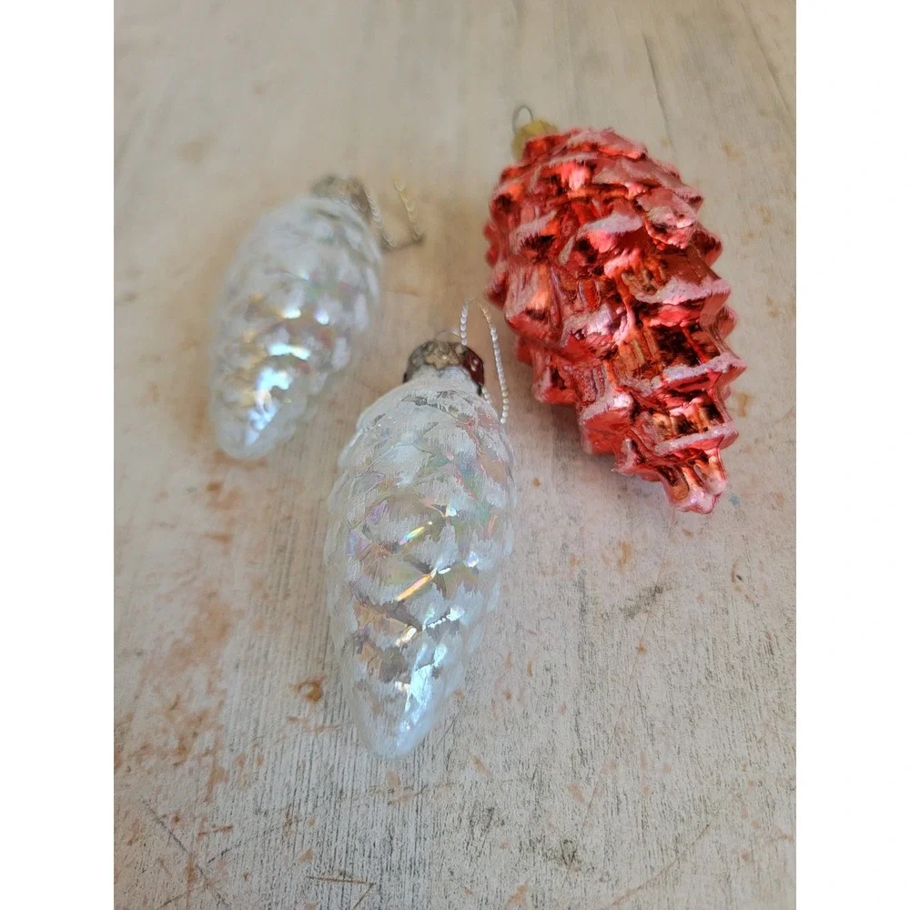 Vintage glass white clear red pinecone glitter ornament Xmas set mini home fall